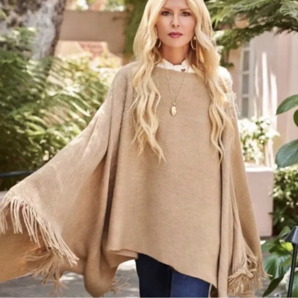 355-Shiraleah Tan Knit Poncho with Asymmetrical Hemline